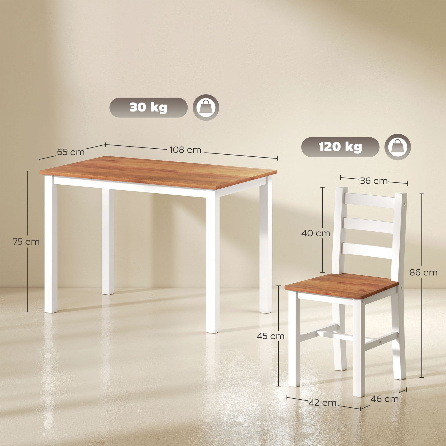 Matsalsset, matbord, 4 stolar, matsalsset, furu, brun+vit