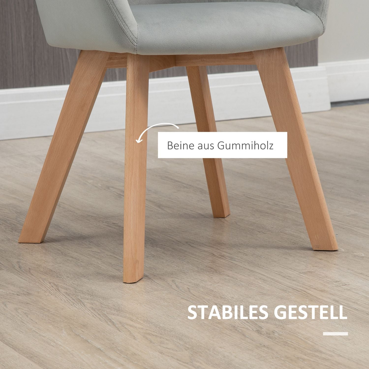 Set med 2 matstolar i grå sammet med armstöd