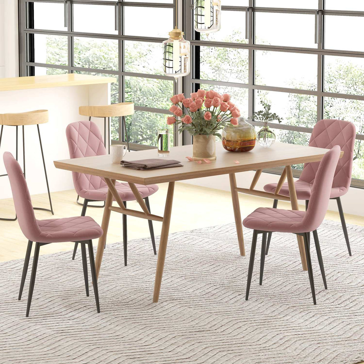 Spisestuestoler, sett med 4 kjøkkenstoler med ryggstøtte, fløyelslook, lenestol 45 x 54 x 87 cm rosa