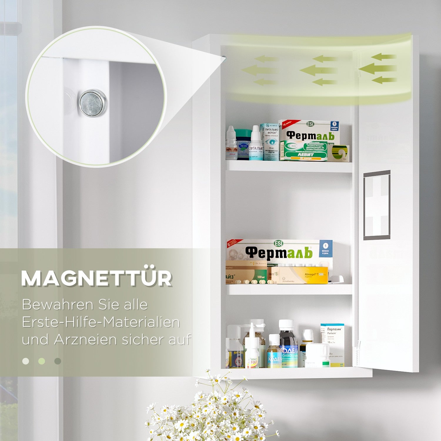 Vit medicinskåp för första hjälpen, magnetisk stängning, 40x15x53,5 cm