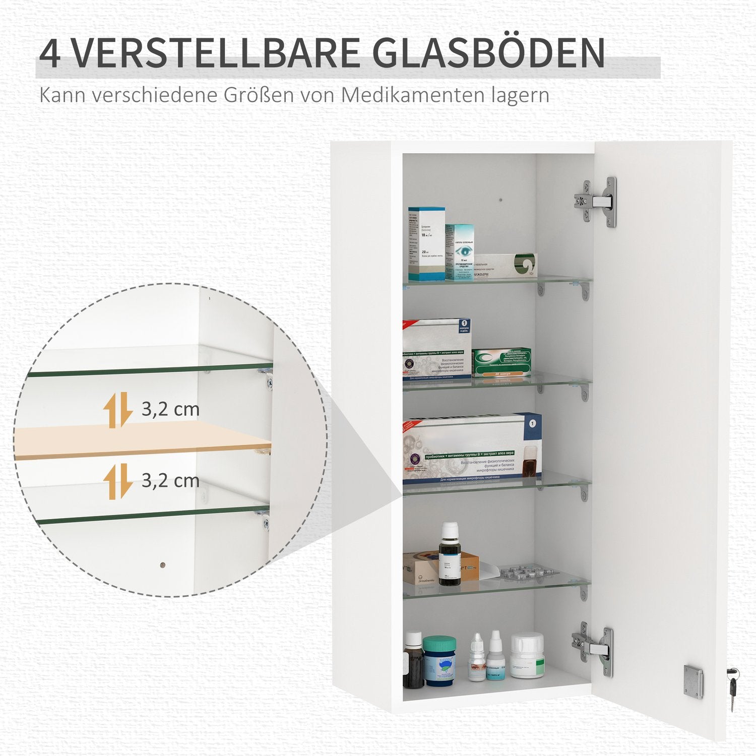 Låsbart medicinskåp – Väggmonterad, justerbara hyllor