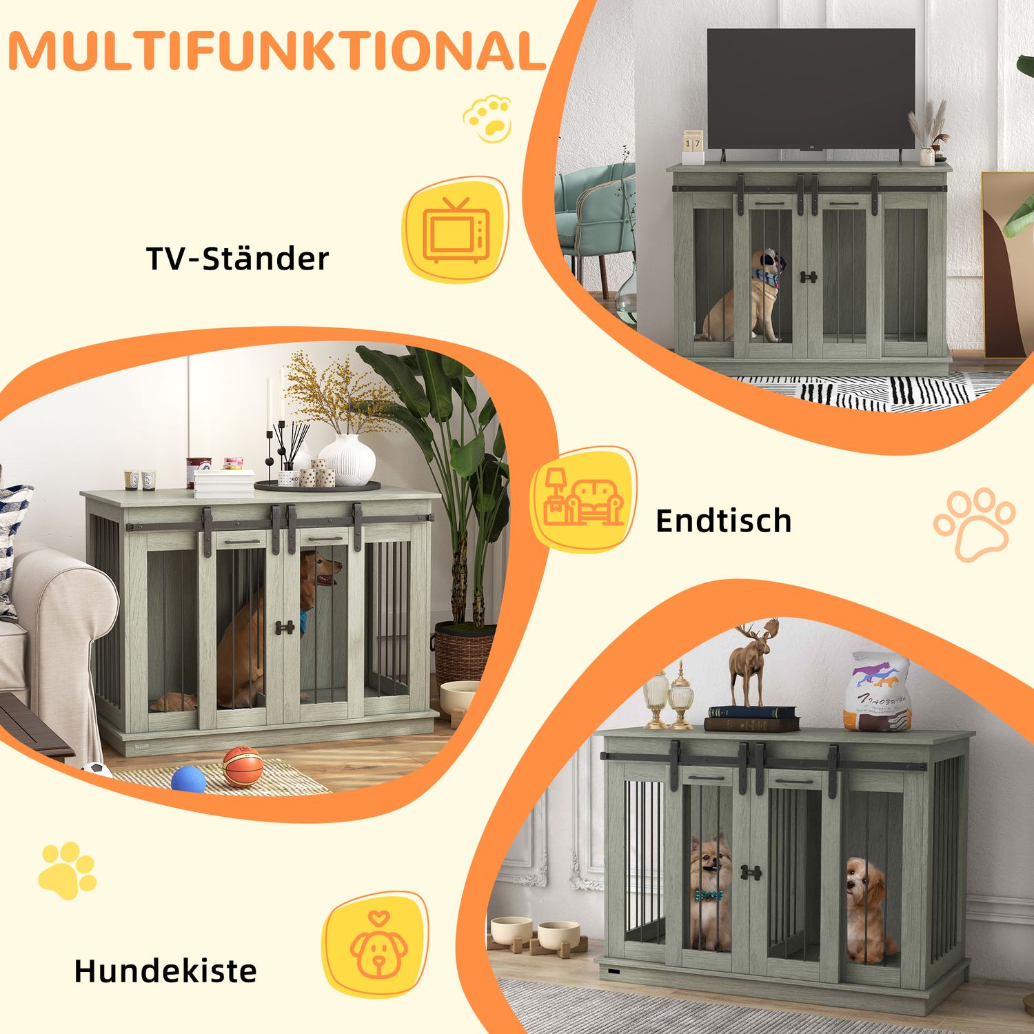 Medium Dog House - grått, dubbeldörr, tvårumsalternativ
