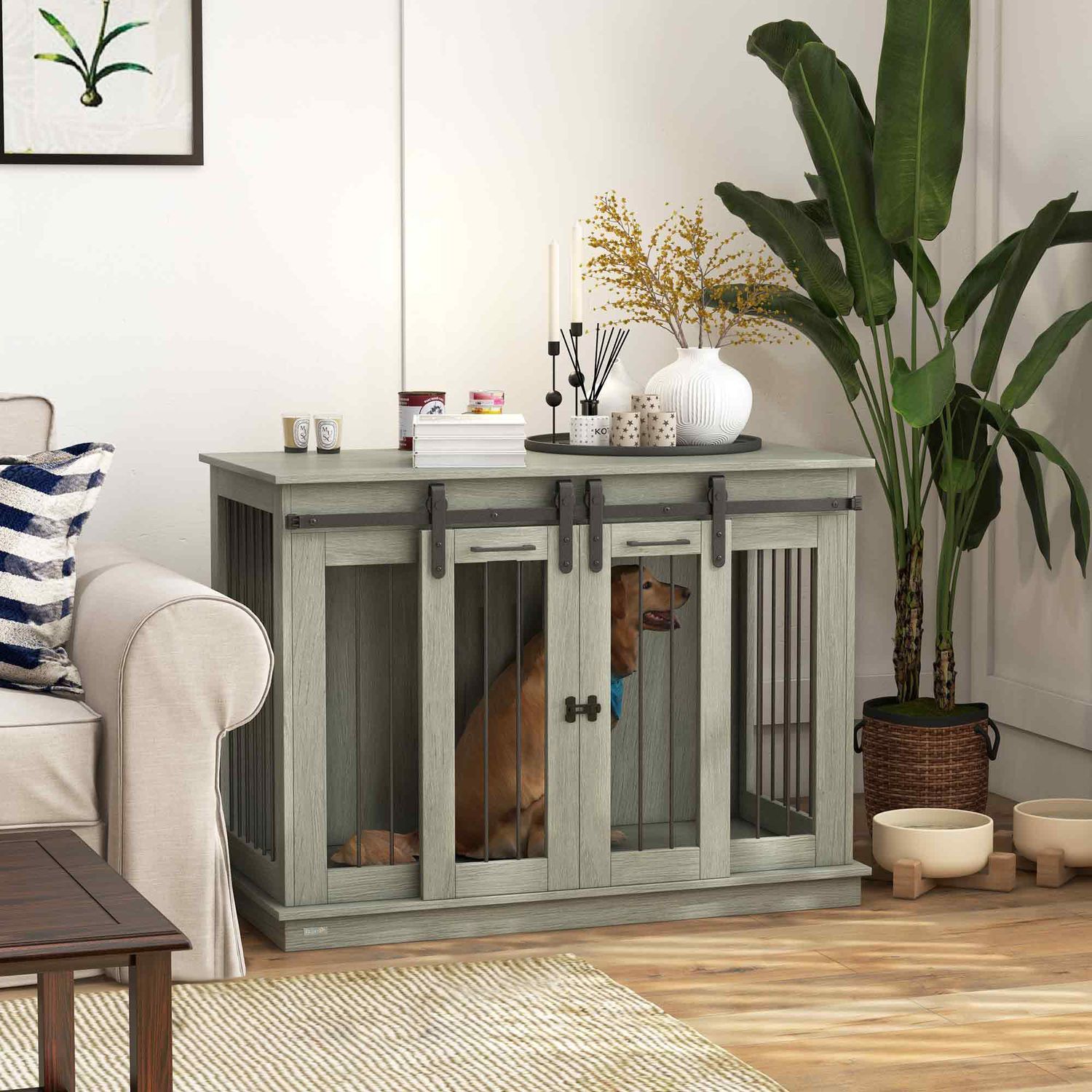 Medium Dog House - grått, dubbeldörr, tvårumsalternativ