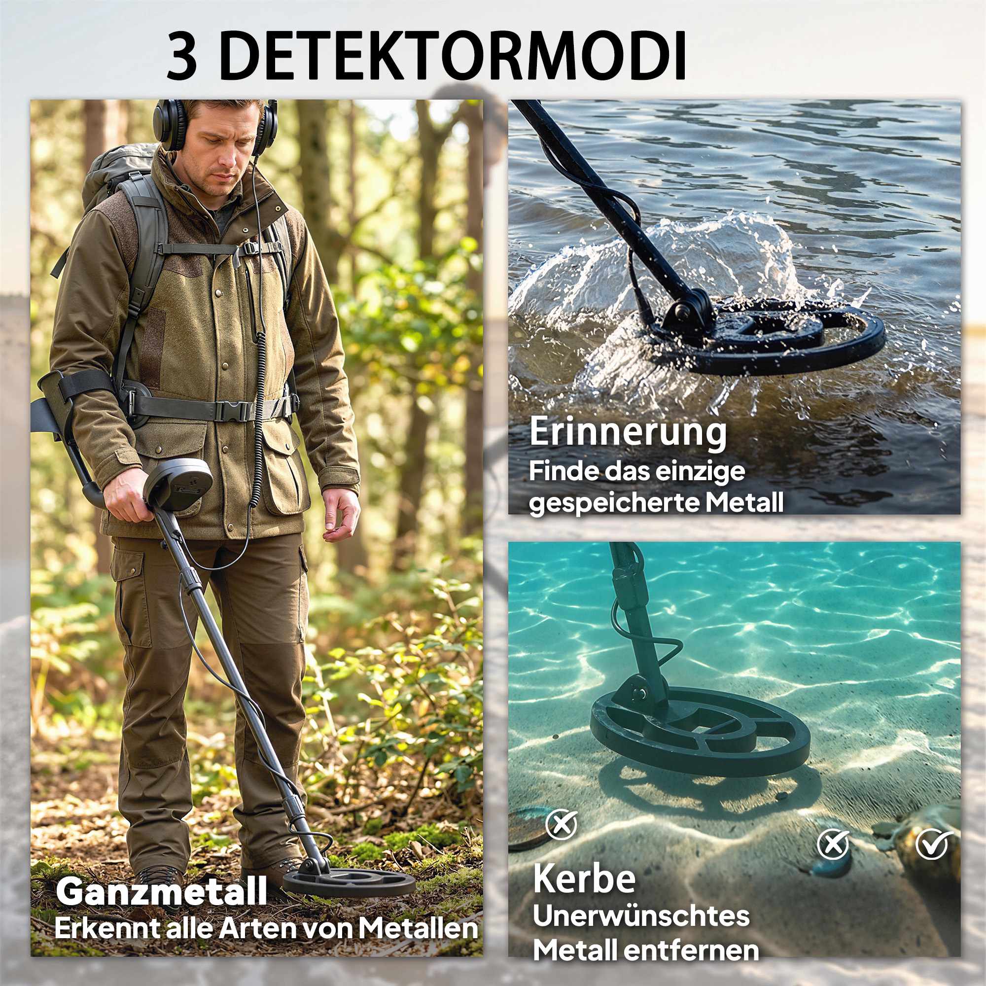 Metalldetektorset med spade och hörlurar, 18 cm djup