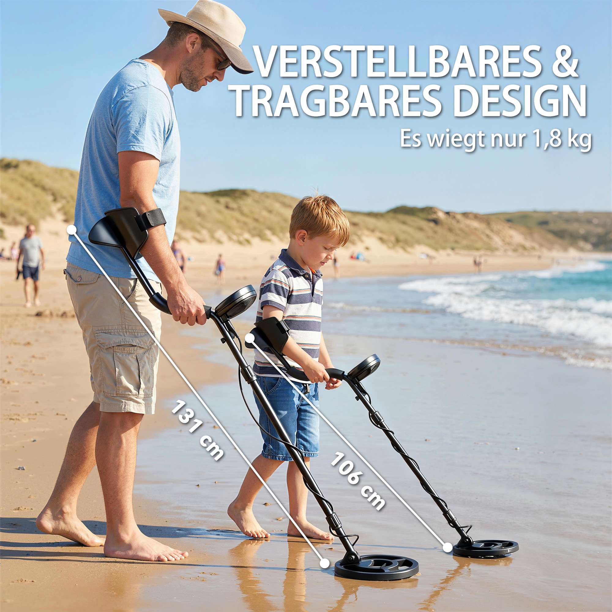 Metalldetektorset med spade och hörlurar, 18 cm djup