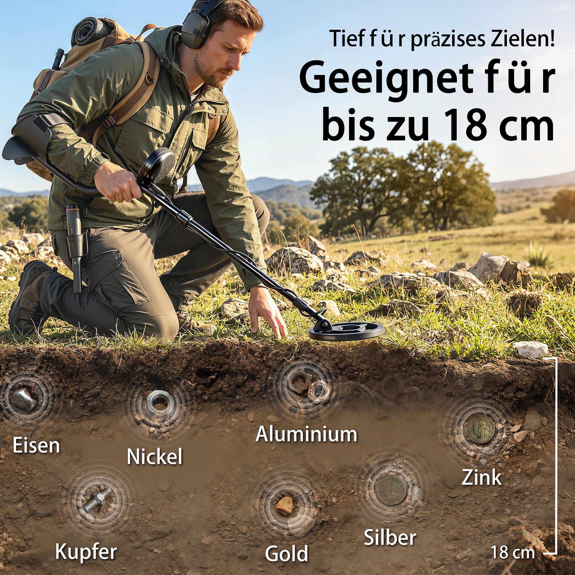 Metalldetektorset med spade och hörlurar, 18 cm djup