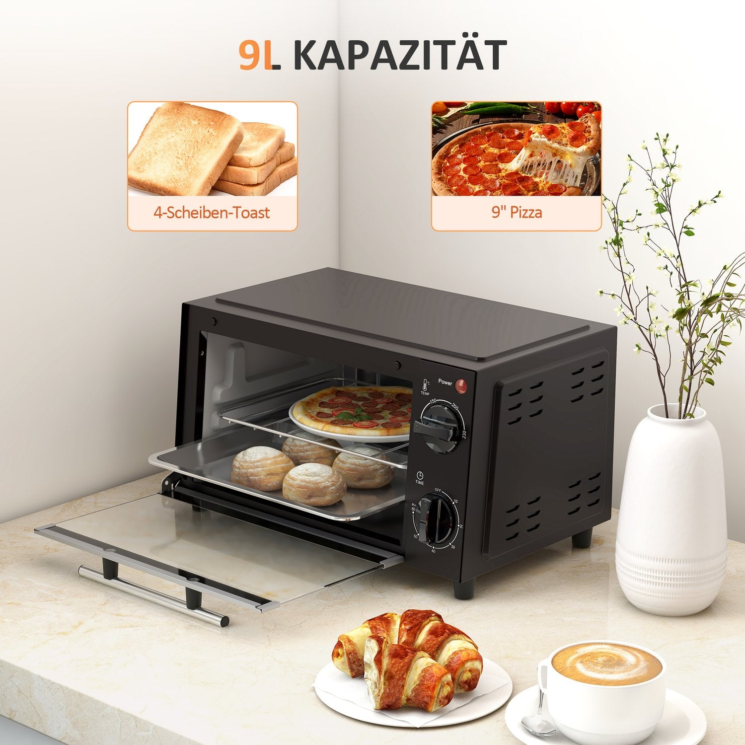9L rostfri miniugn, 750W, justerbar timer