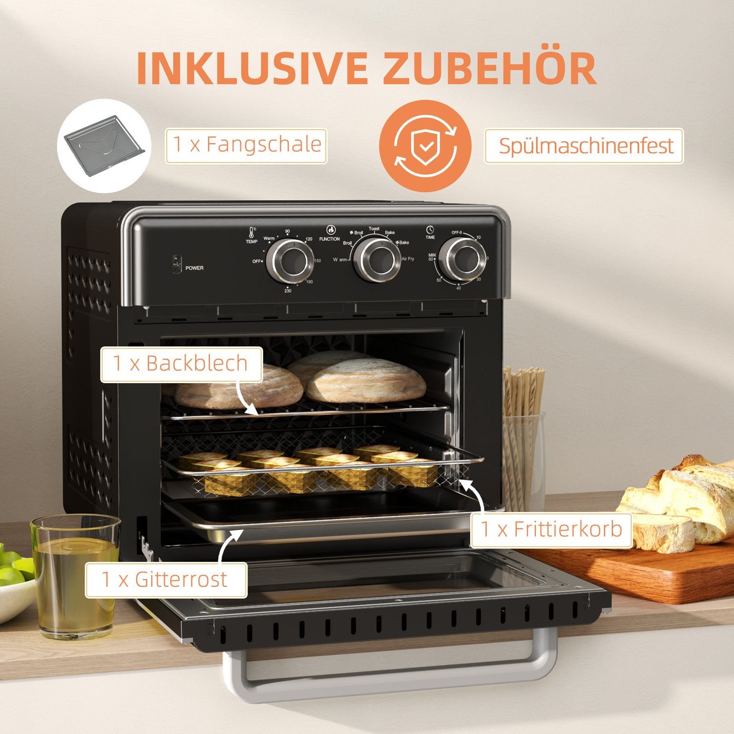Miniugn med Air Fryer, 20L, Timer, 1400W, Metall