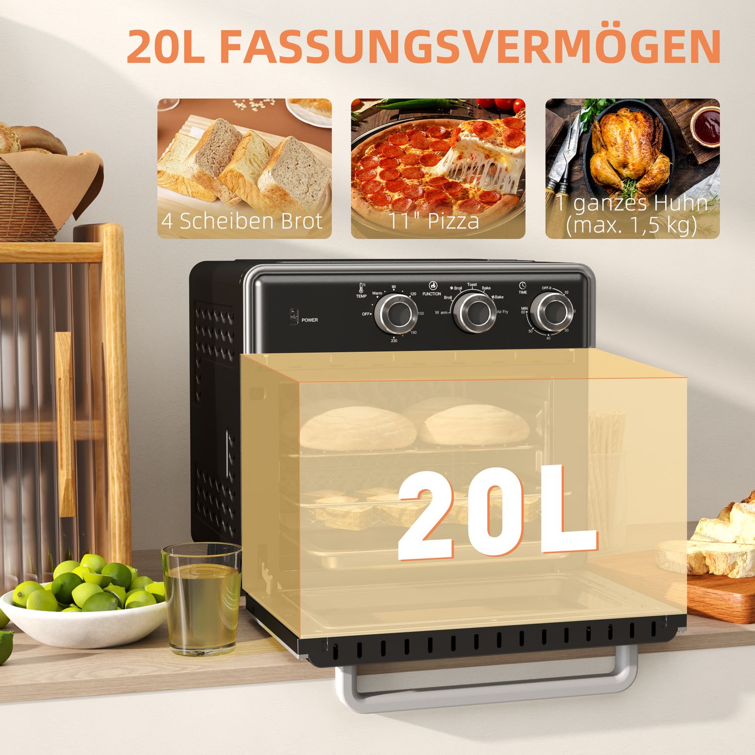 Miniugn med Air Fryer, 20L, Timer, 1400W, Metall