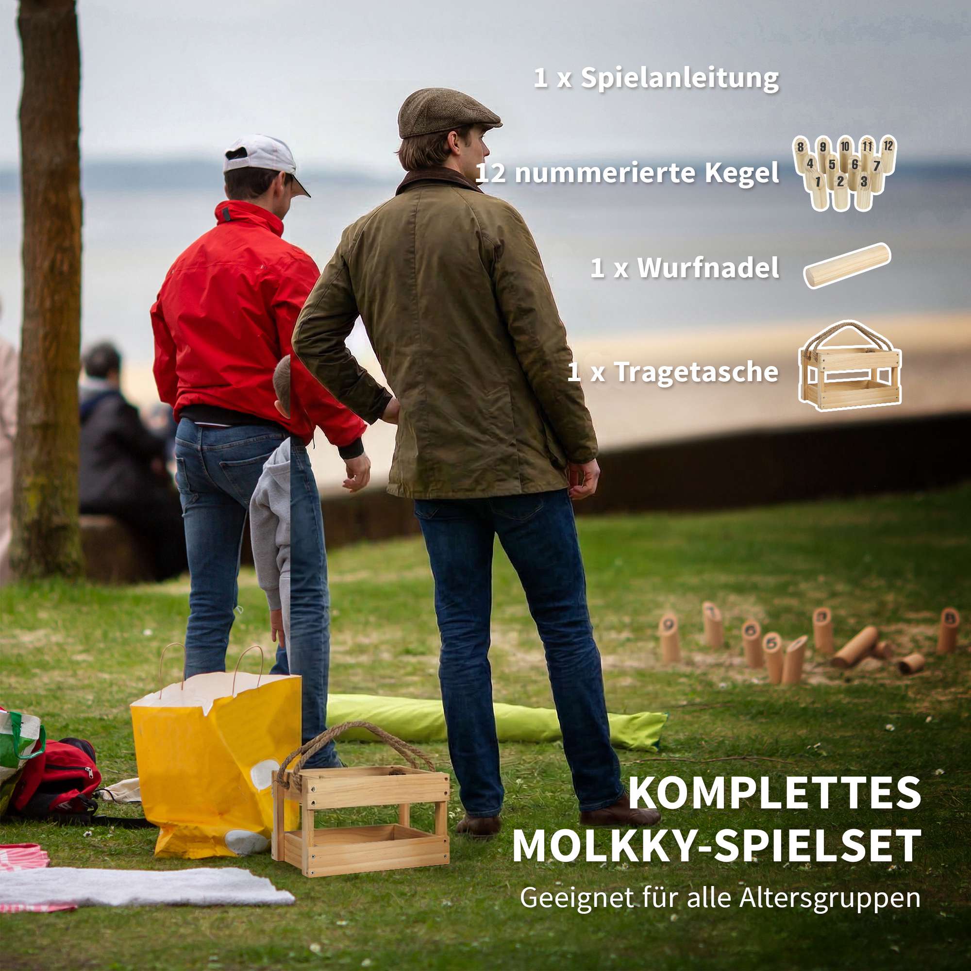 Mölkky-spelset i trä – 12 käglor, 1 kastklubba, låda