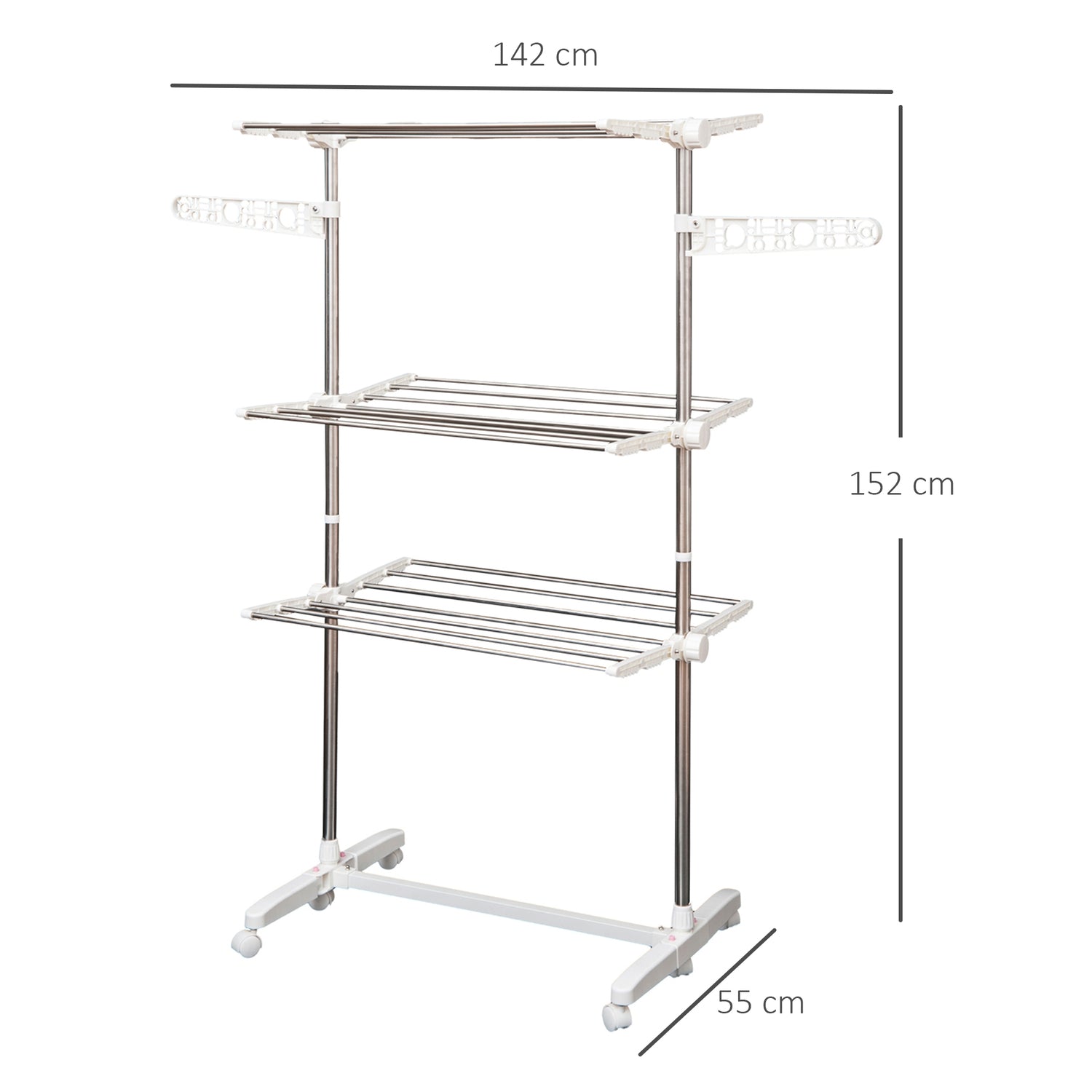 Hopfällbar mobil klädluftare, 3 nivåer, 80-142 cm Justerbar