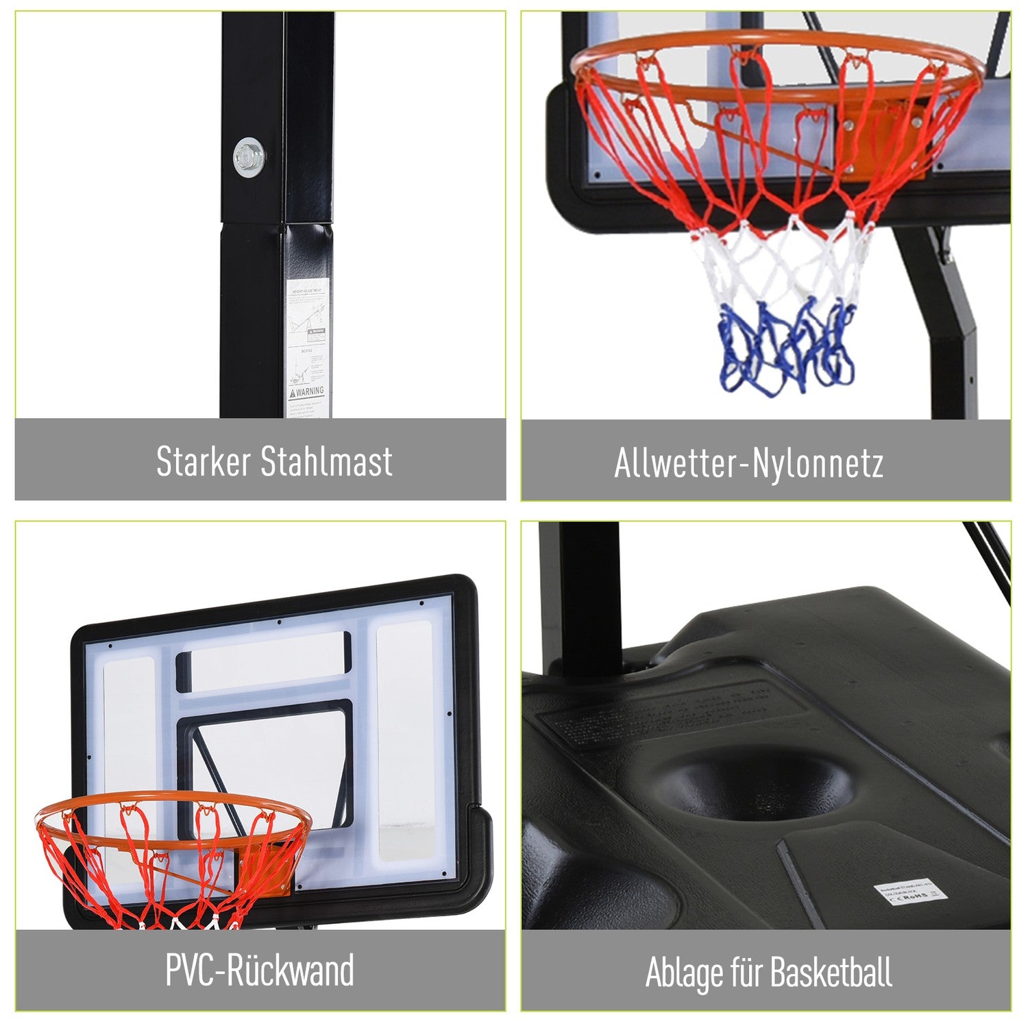 Justerbar basketbåge med stålstativ, 90–352 cm