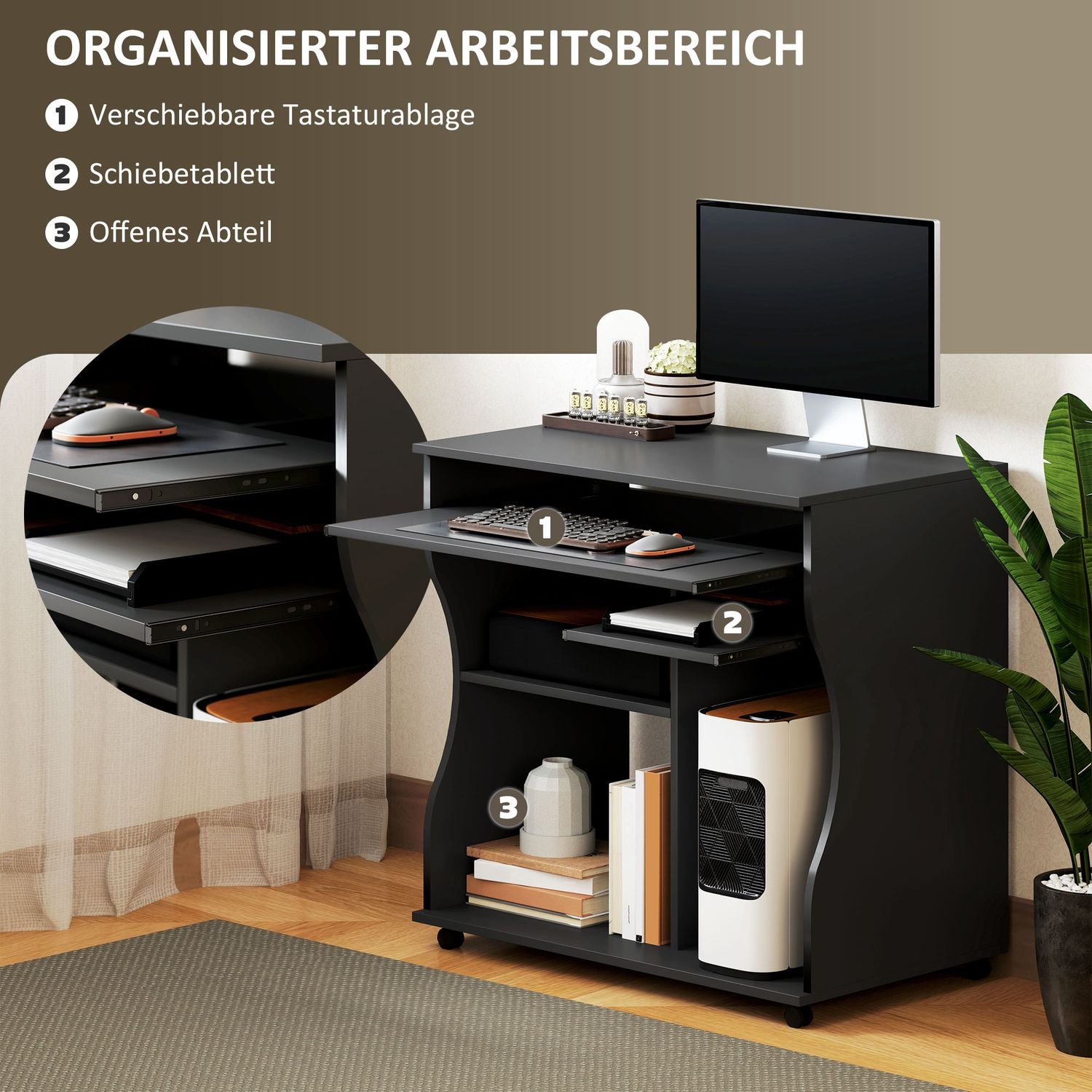 Mobilt datorbord med tangentbordshylla, svart 80x48x75 cm