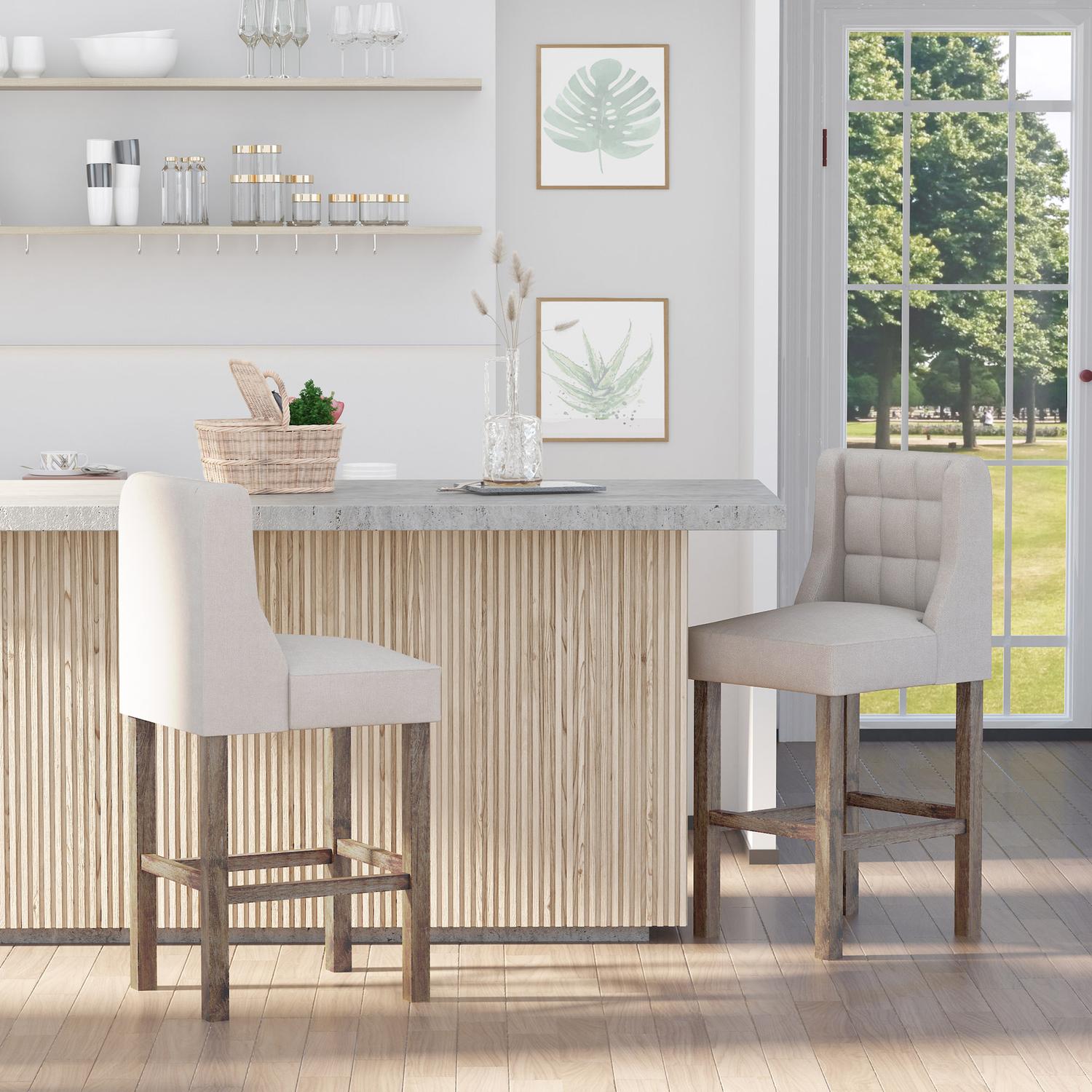 Modern beige barstolar set, låg rygg, linne, 2 st