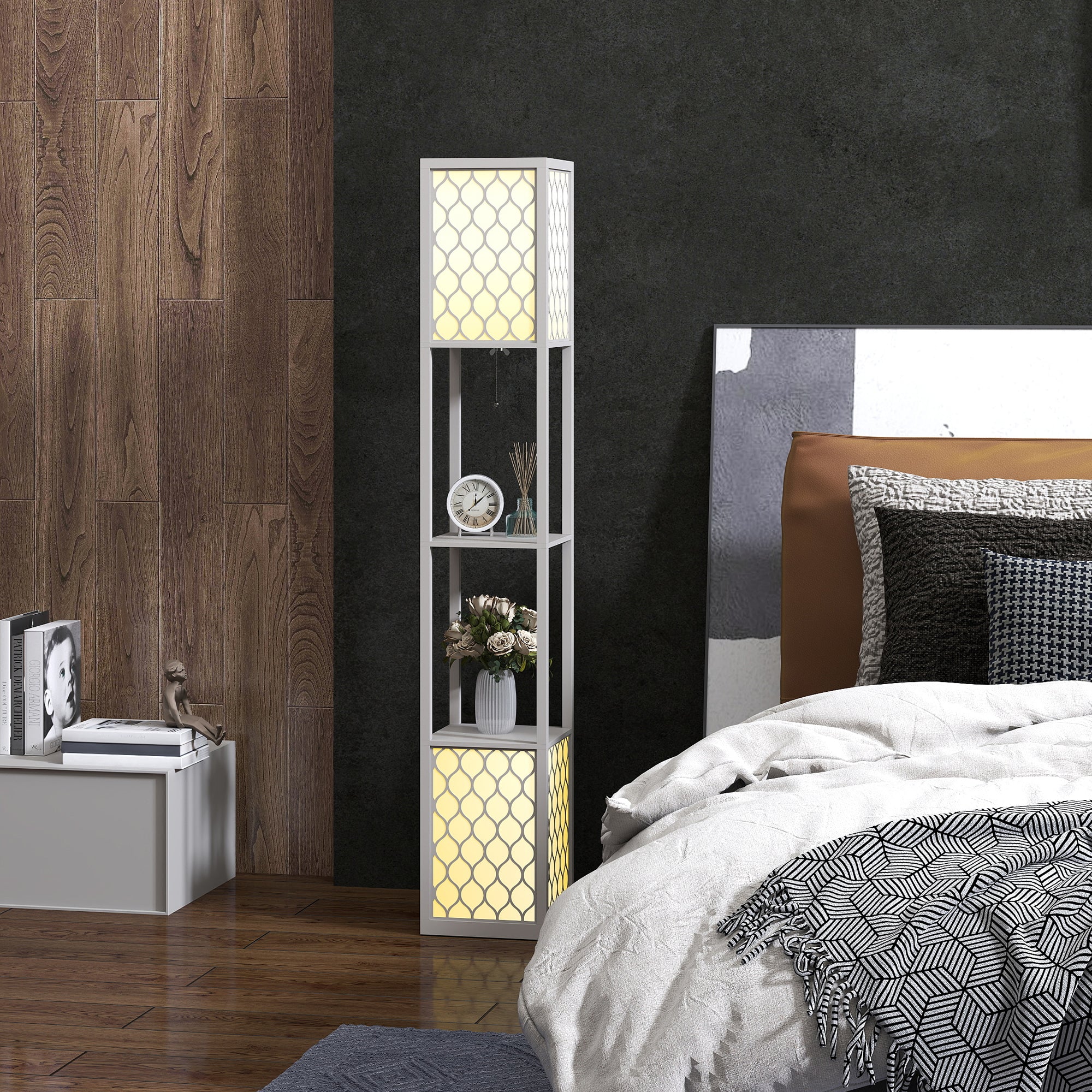 Modern golvlampa med hyllor, dragkedja, svart/vit