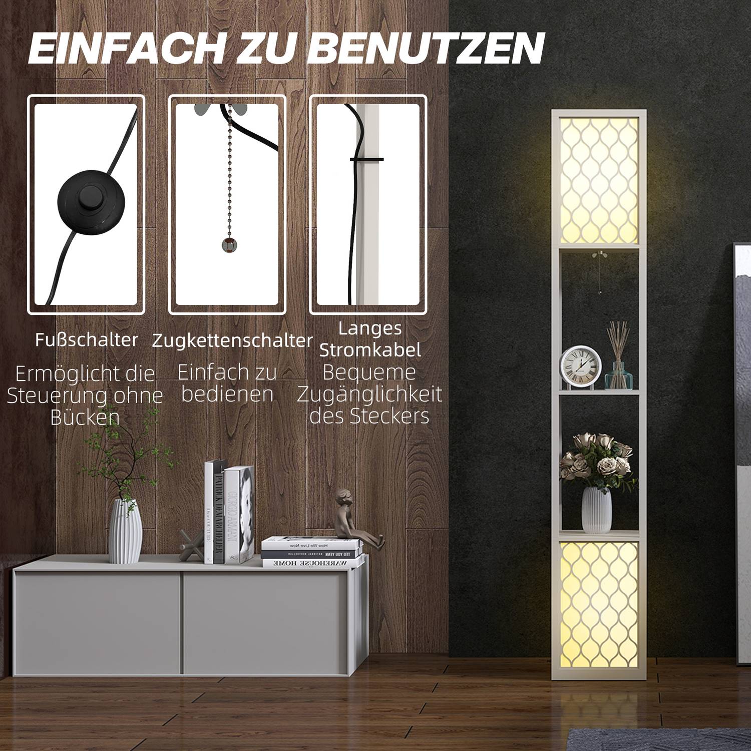 Modern golvlampa med hyllor, dragkedja, svart/vit