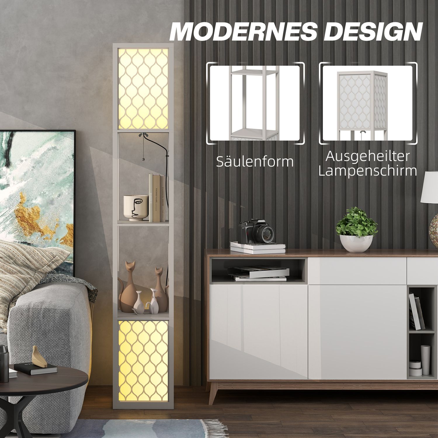 Modern golvlampa med hyllor, dragkedja, svart/vit