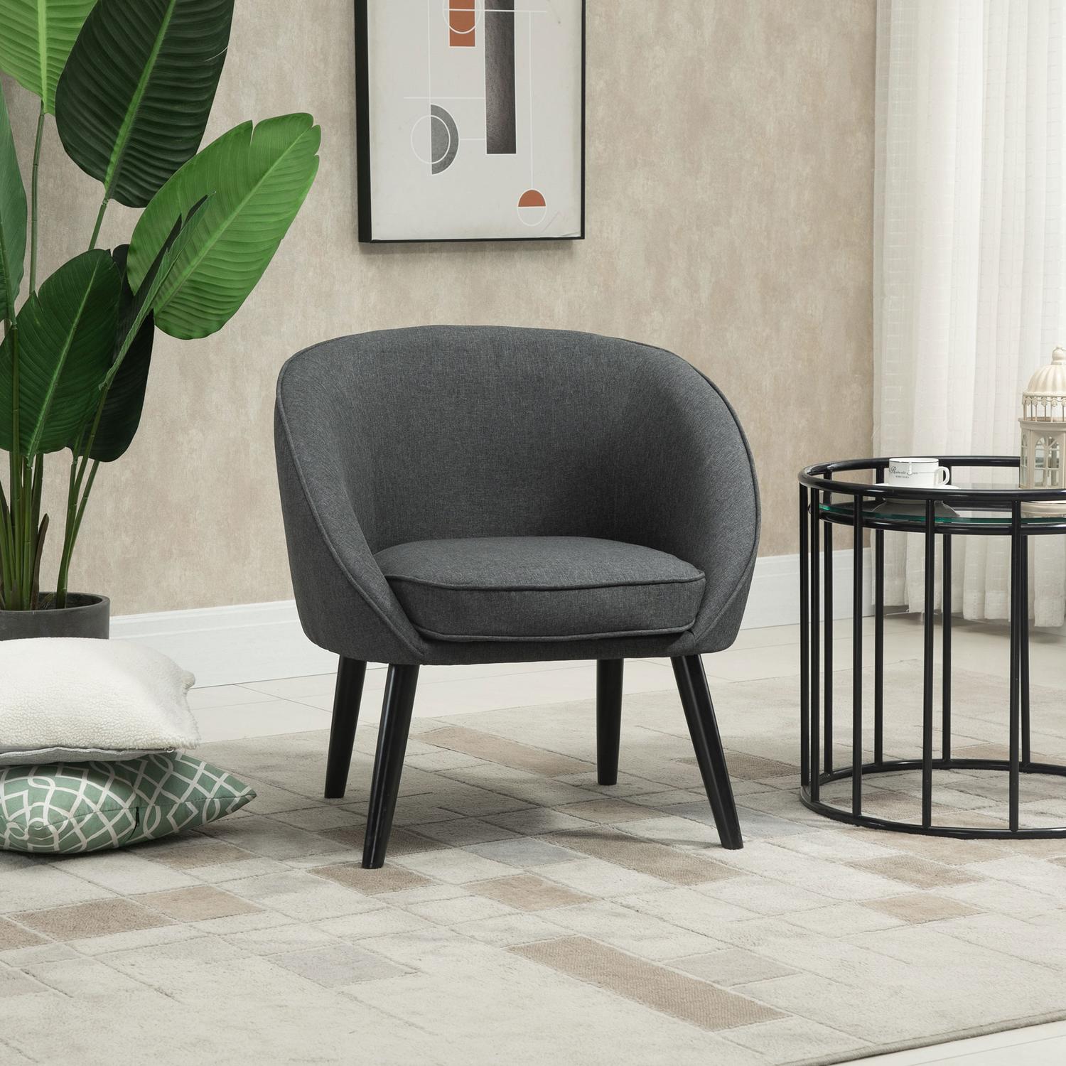 Modern grå linne-look stoppad lounge stol, trä ram