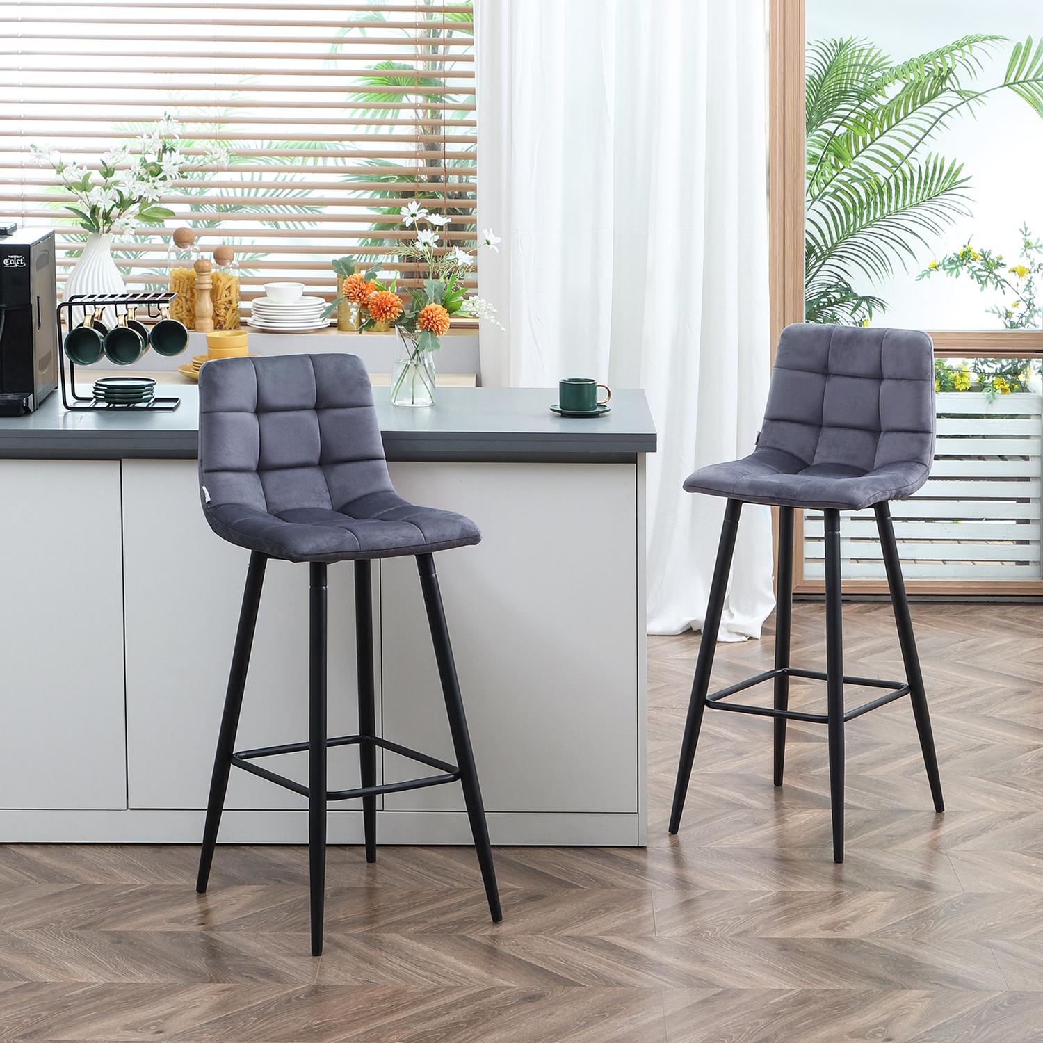 Modern stålbarstolsset, sammet, halkfri, 2-pack, grå