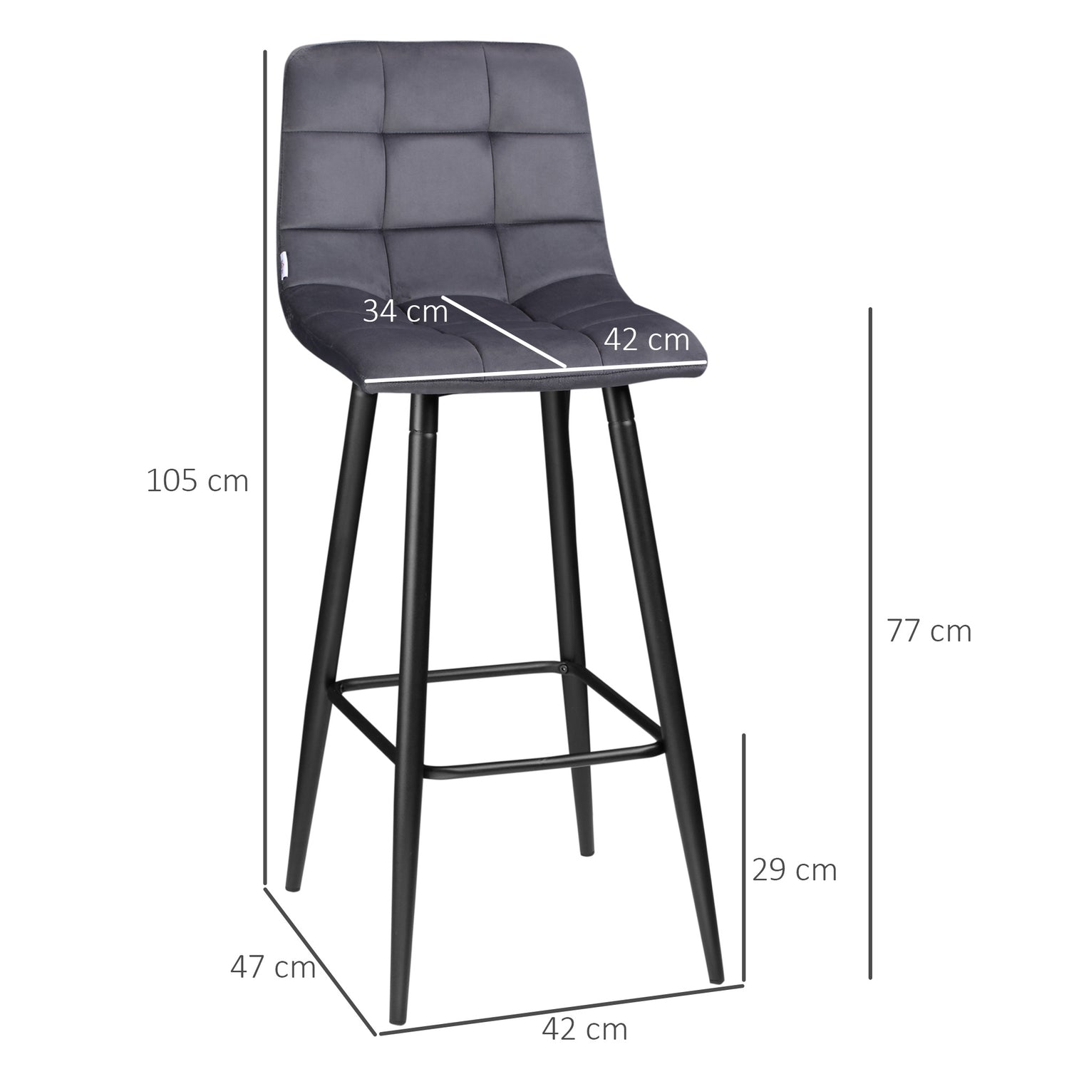 Modern stålbarstolsset, sammet, halkfri, 2-pack, grå
