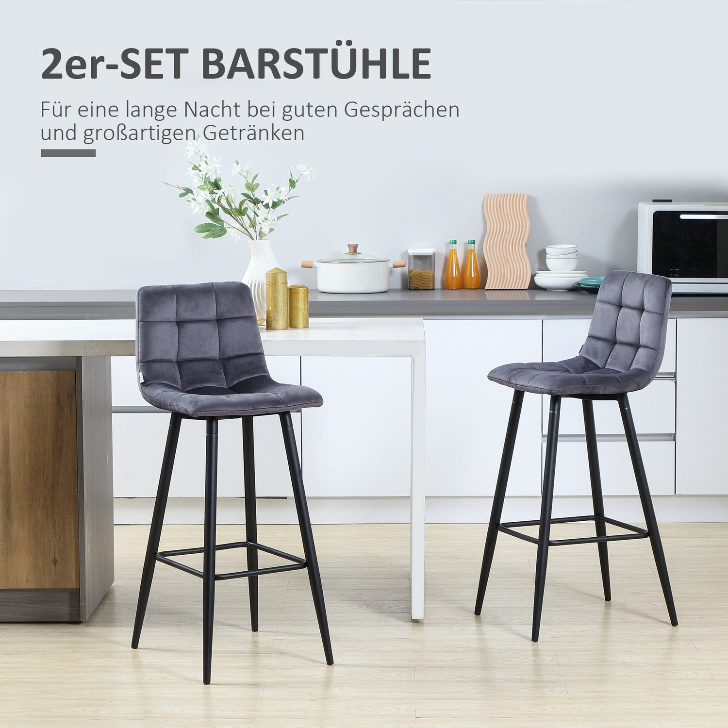 Modern stålbarstolsset, sammet, halkfri, 2-pack, grå