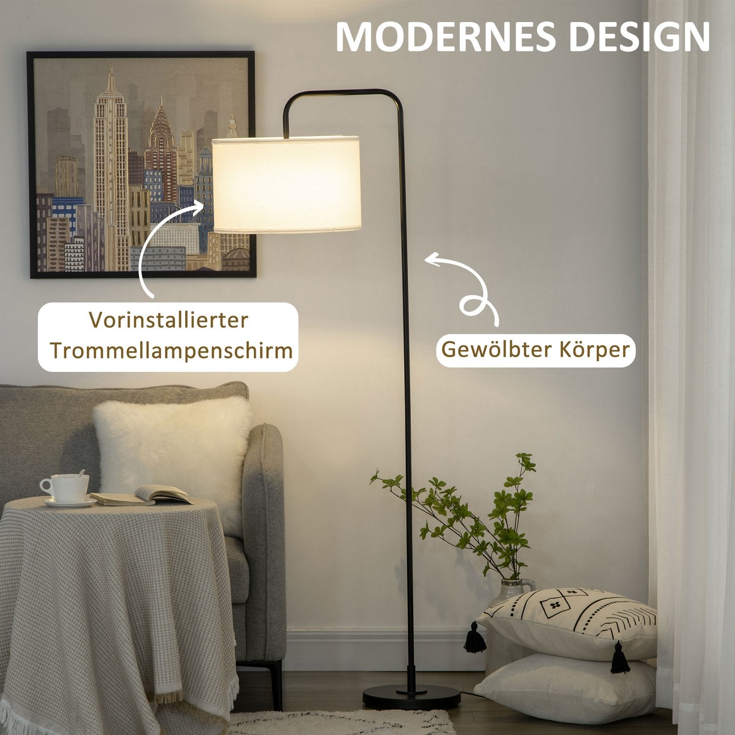Modern svart metall golvlampa med lampskärm, 180 cm sladd