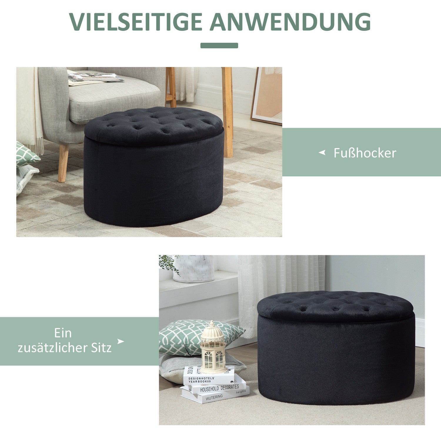 Modern svart oval bänk – stoppad förvaring, sammetslen finish