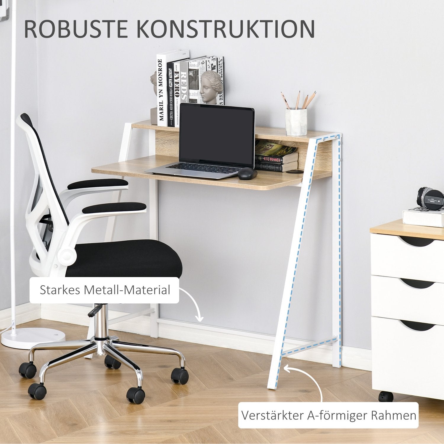 Modernt datorbord – metallram, förvaring, vit/ek