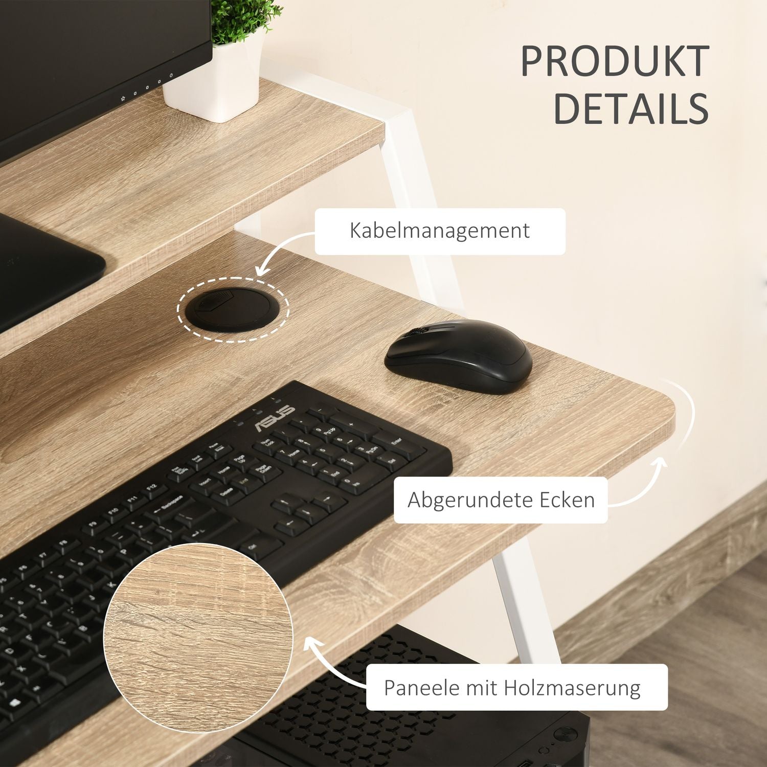 Modernt datorbord – metallram, förvaring, vit/ek