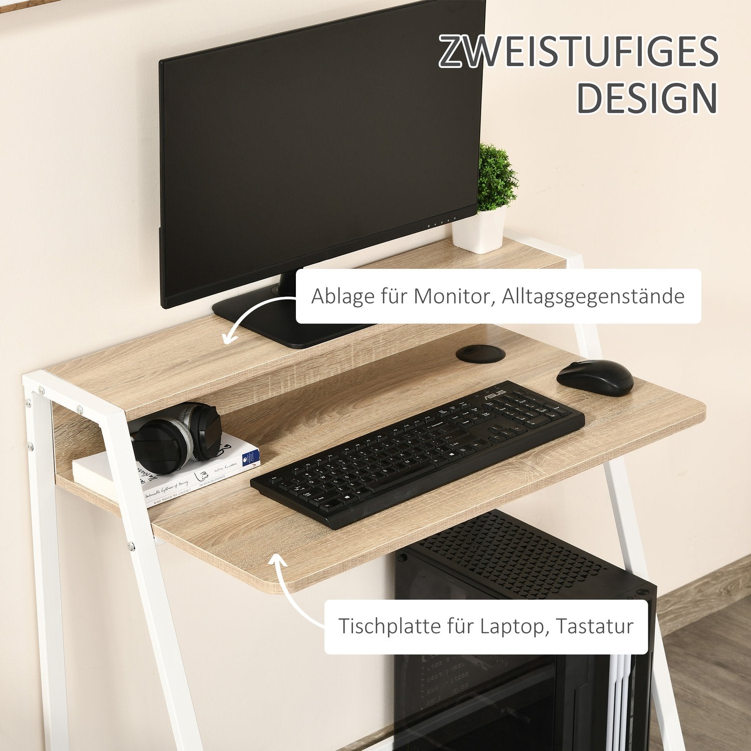 Modernt datorbord – metallram, förvaring, vit/ek