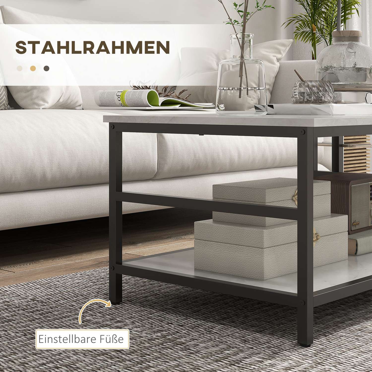 Modernt soffbord i marmorlook med 2 st, stålram