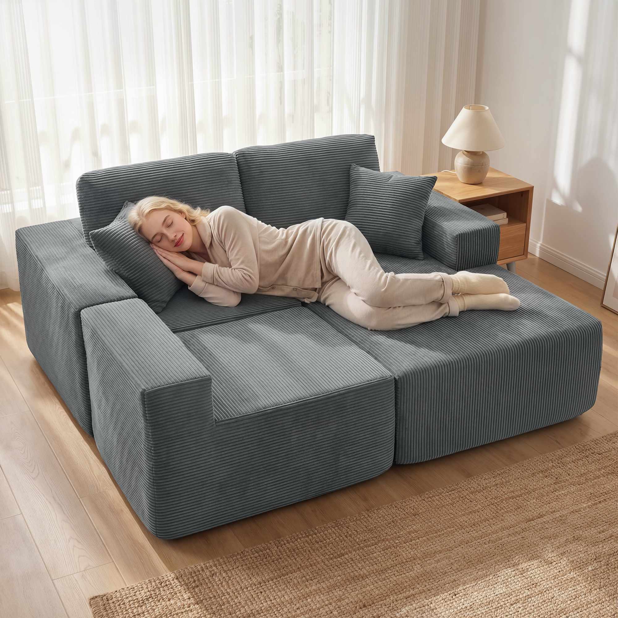 Modulär L-formad bäddsoffa, djup sits, manchester, mörkgrå