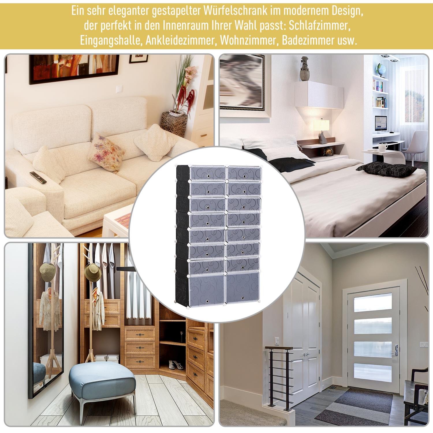 Modulär skohylla garderob – 16 fack, svart/vit