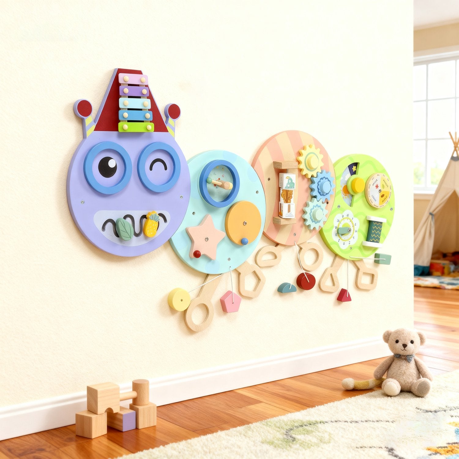 Montessori Busy Board – 7-i-1 Väggleksak, Xylofon, Kugghjul, 108 cm