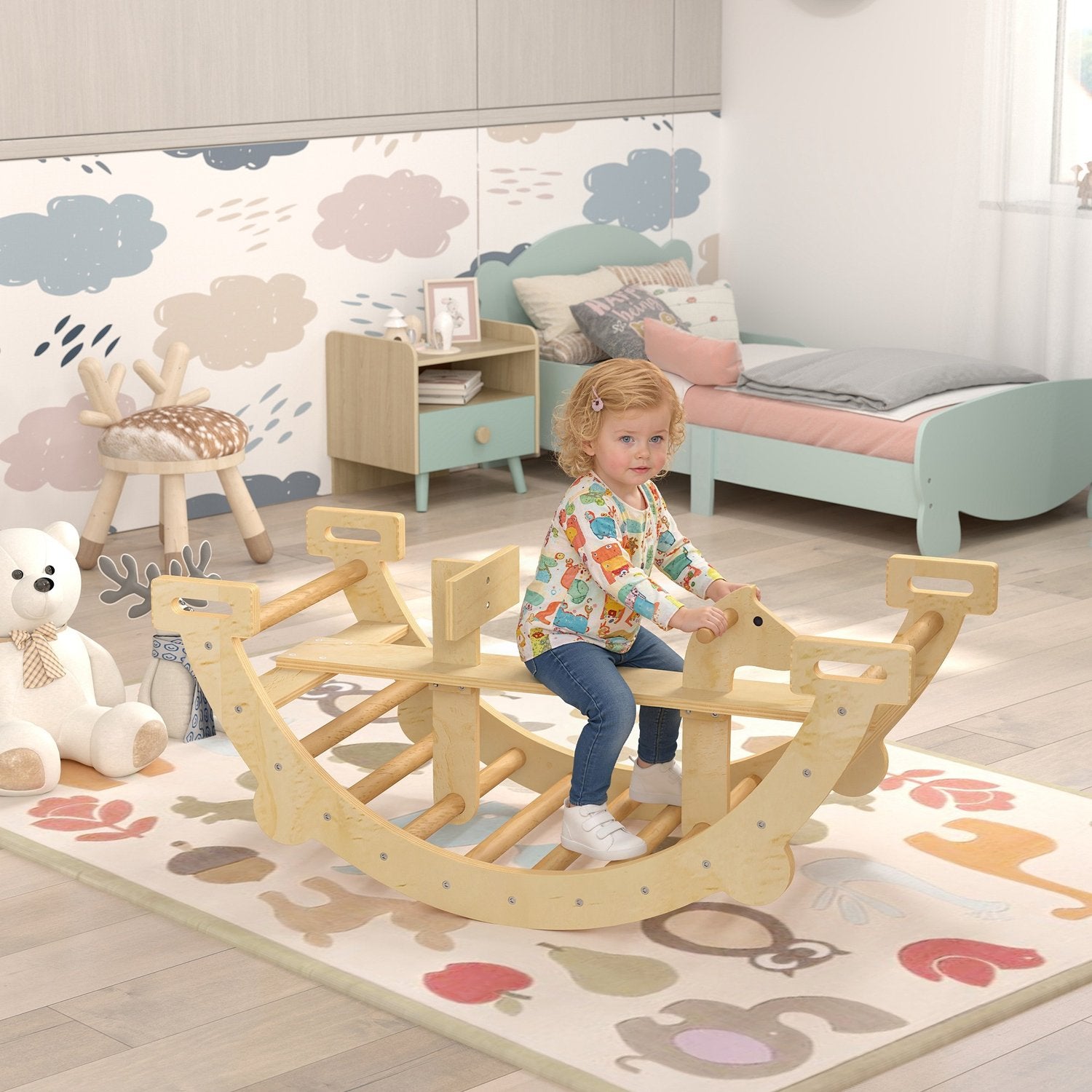 Montessori inomhusklätterbåge, 2-i-1 trägunga, 110x52x45 cm