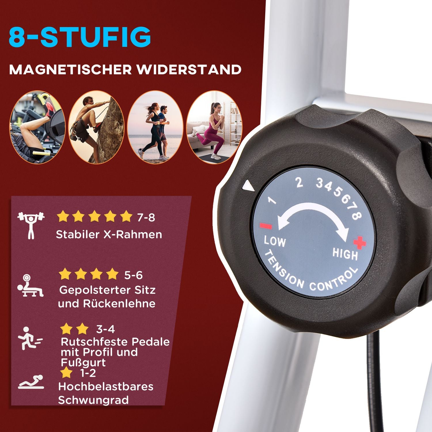 Motionscykel med 8-nivåer magnetiskt motstånd, justerbar höjd