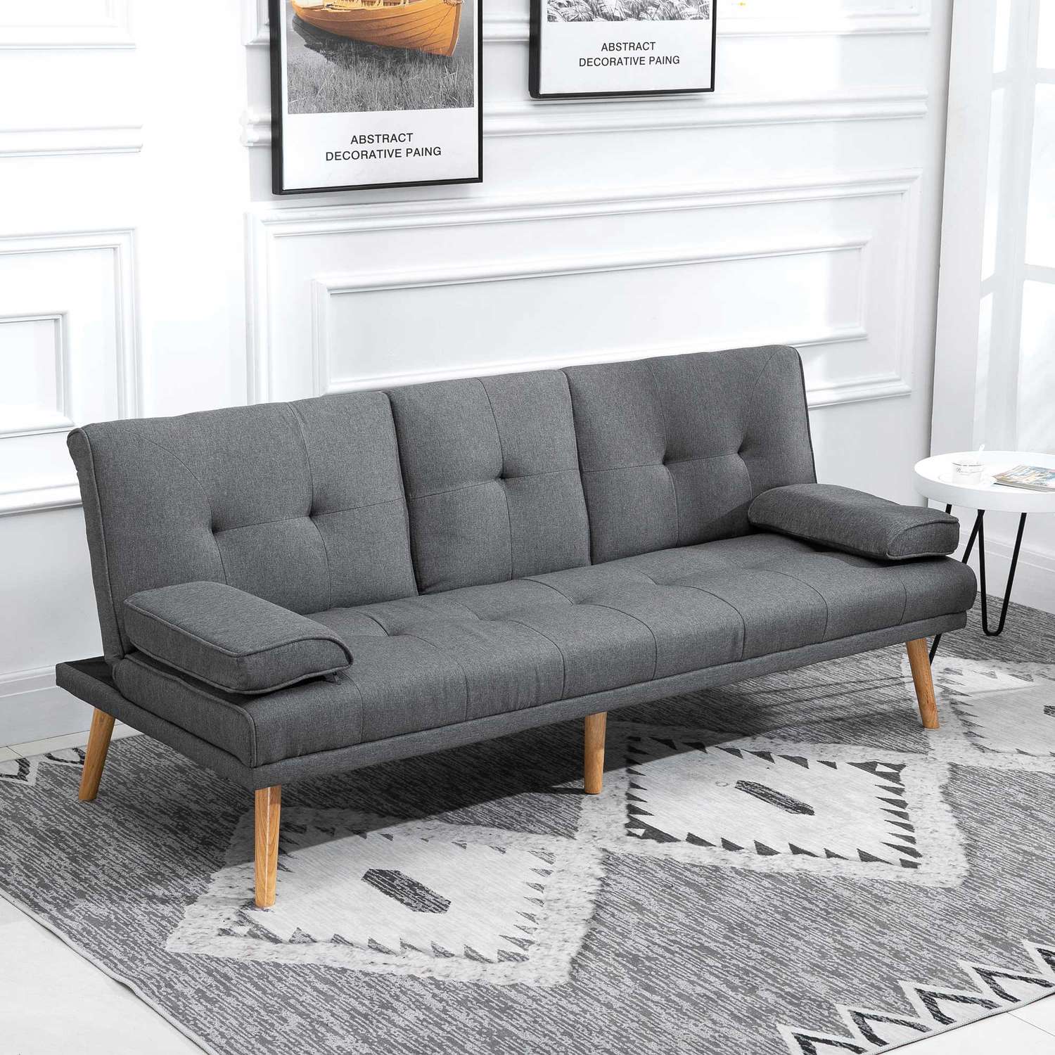 Mörkgrå 3-sits bäddsoffa med hopfällbart bord & mugghållare