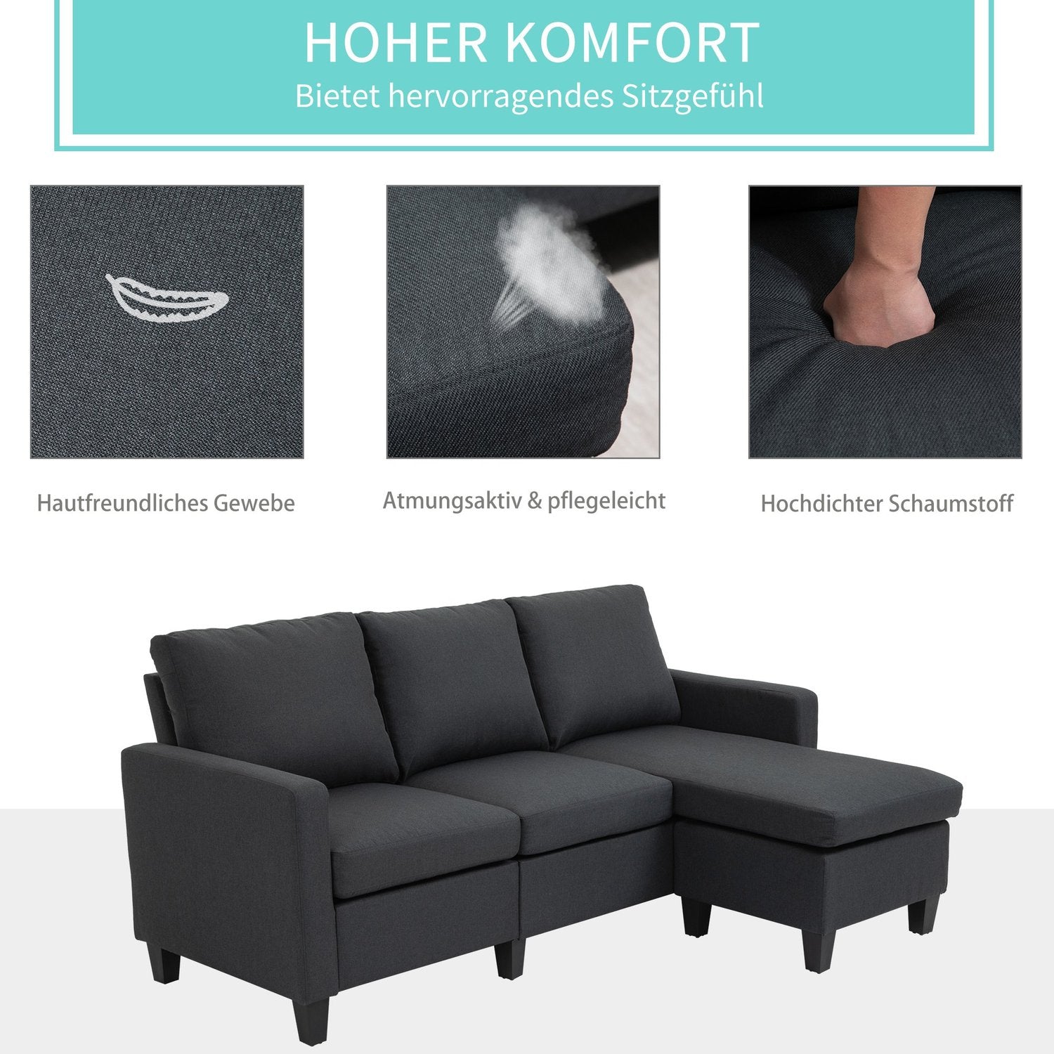 Mörkgrå L-Shape hörnsoffa i linne med schäslong, 197cm