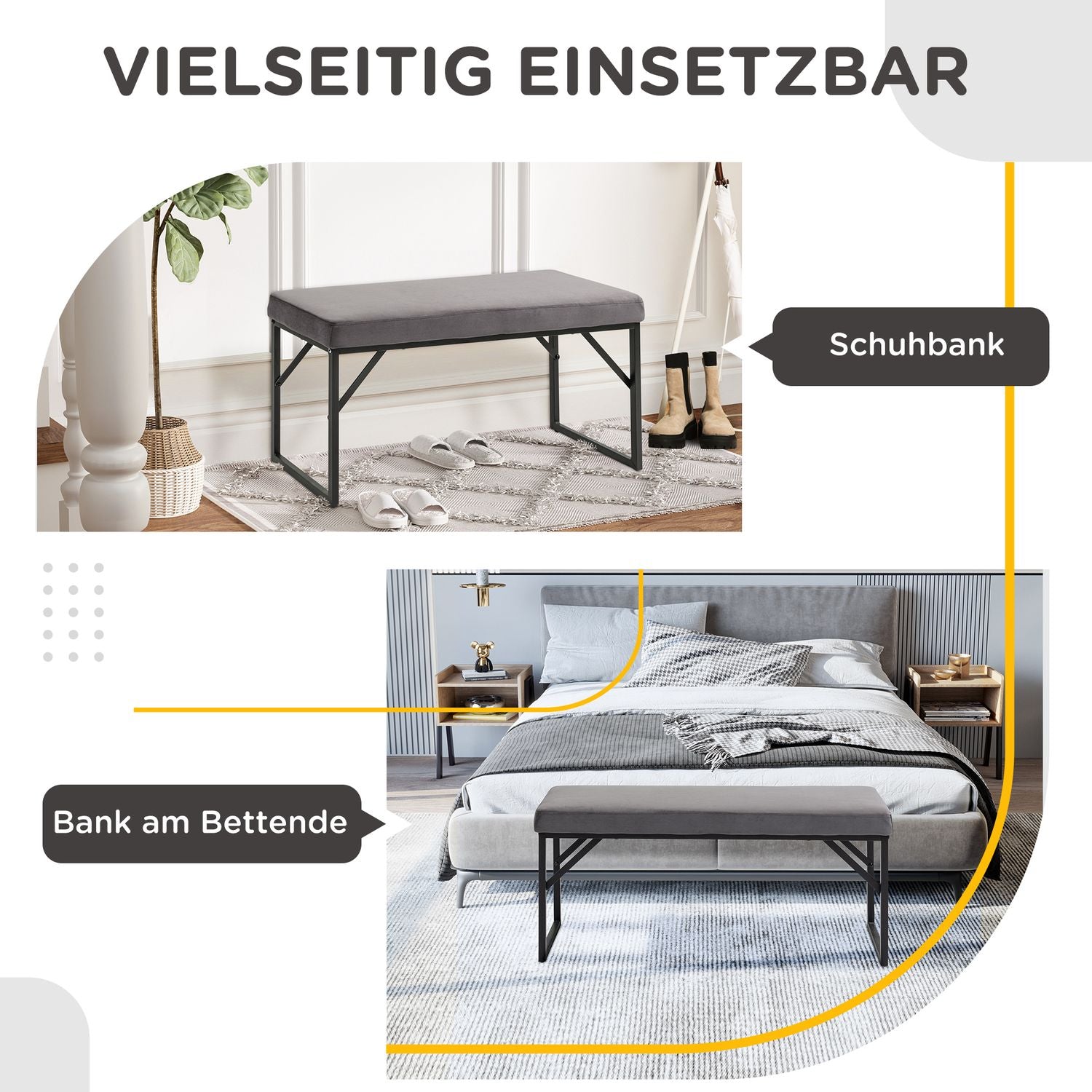 Mörkgrå sammetstoppad bänk för sovrum eller hall