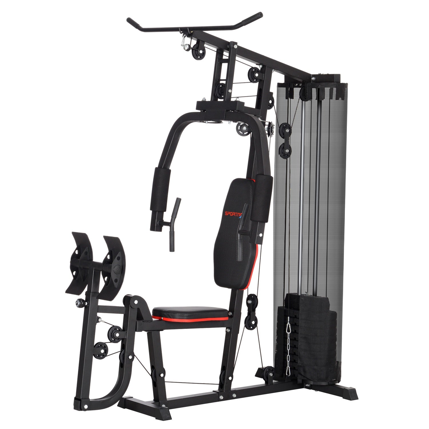 Multifunktionell fitnessstation med benpress och 45 kg vikter
