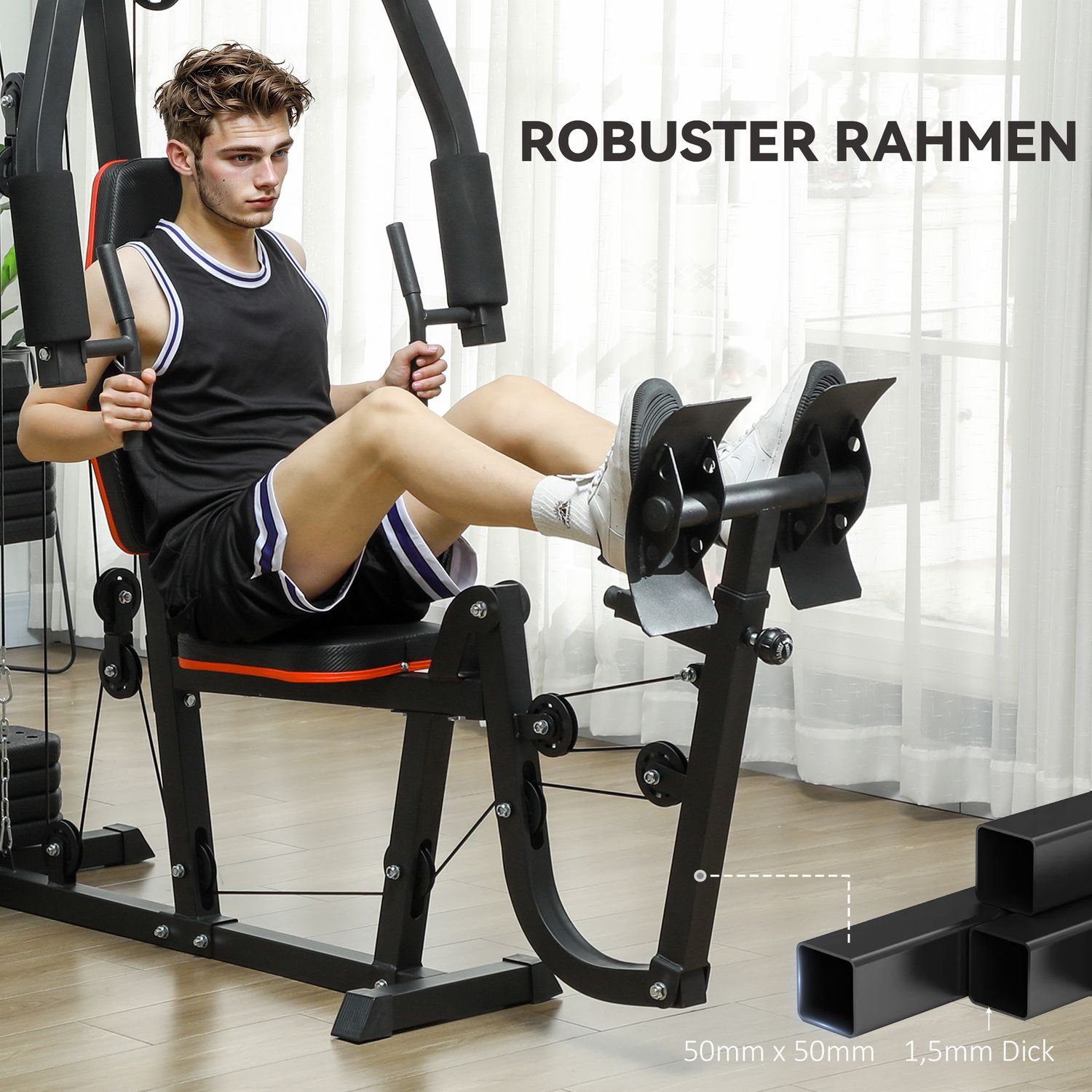 Multifunktionell fitnessstation med benpress och 45 kg vikter