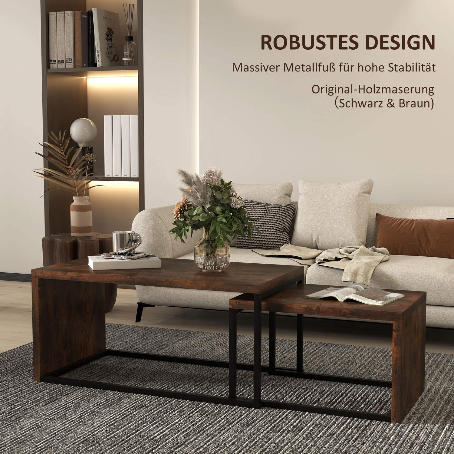 Multifunktionellt soffbordsset – svart & brun metallunderrede