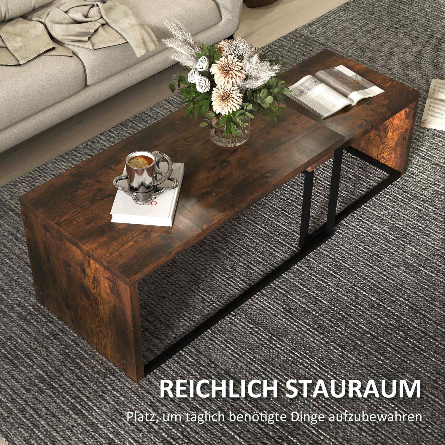 Multifunktionellt soffbordsset – svart & brun metallunderrede