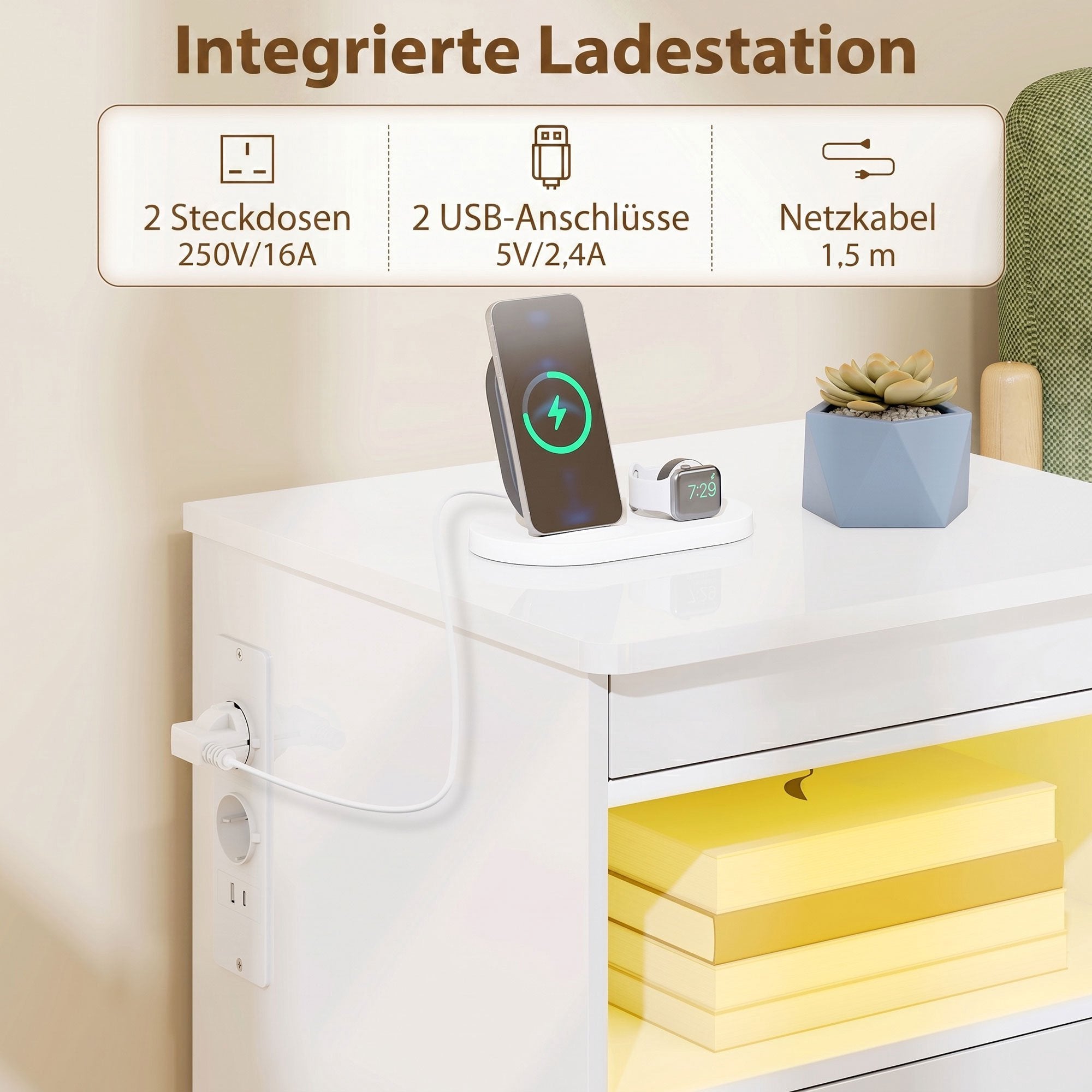 Nattduksbord med laddningsstation, RGB LED, 2 lådor, högblank vit