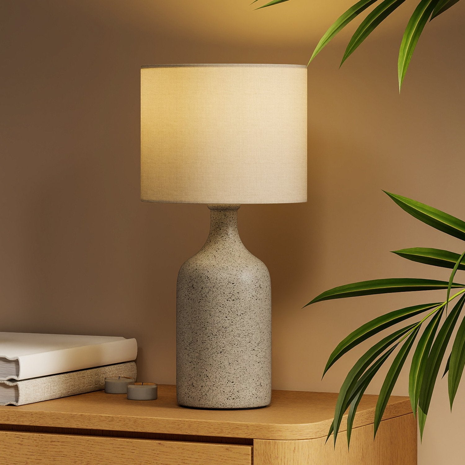Nattduksbordslampa, keramisk fot, linneskärm, 22x45 cm
