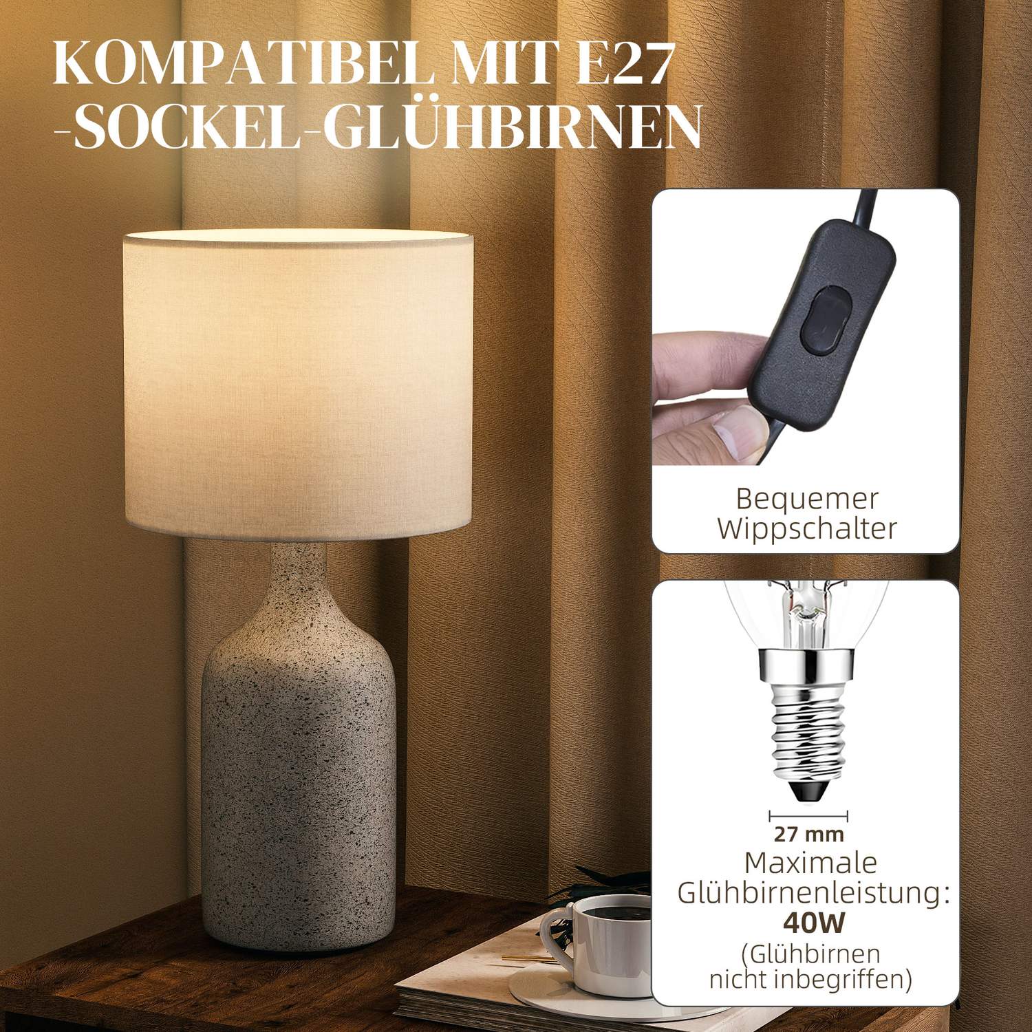 Nattduksbordslampa, keramisk fot, linneskärm, 22x45 cm
