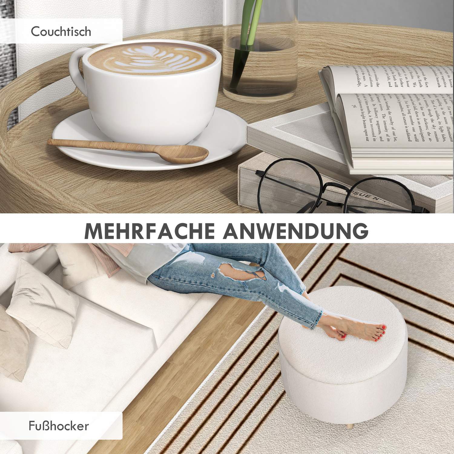 Rund ottomansk pall med förvaring, hopfällbart lock, vit