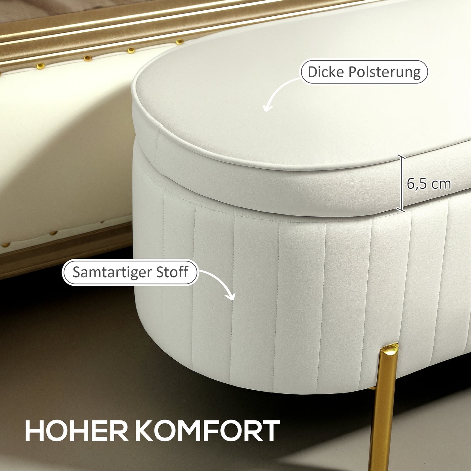 Oval förvaringsbänk med guldben, sammetsklädsel, kräm