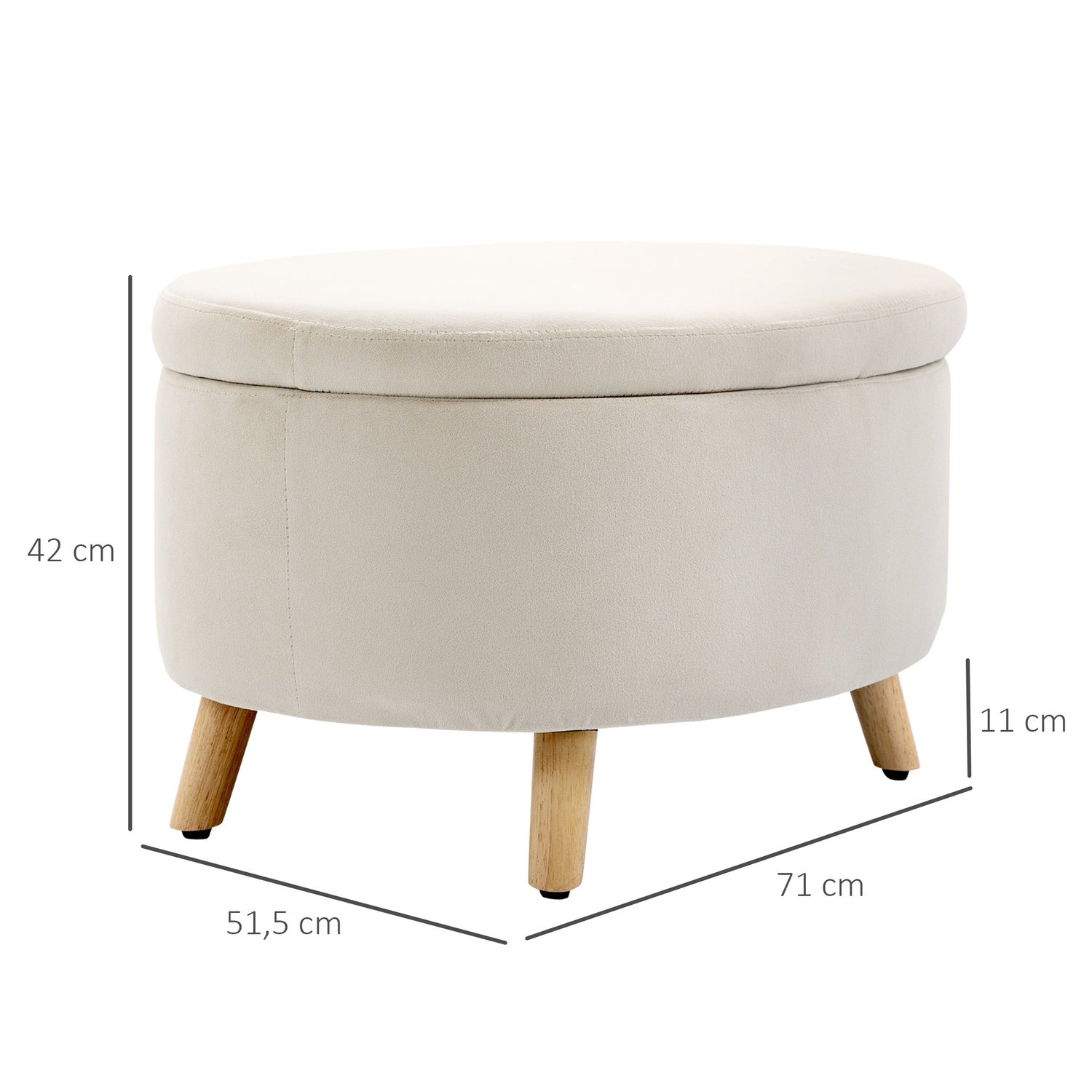 Oval stoppad förvaringsbänk - sammetslook, beige, 71x51,5x42 cm