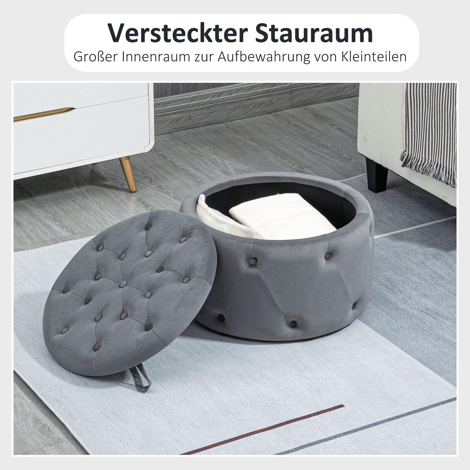 Rund stoppad ottoman med förvaring, sammetslook, grå